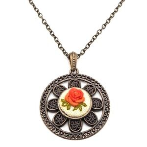 Handmade Rose Mini Embroidery Bronzetone Floral Frame Pendant 27" Necklace
